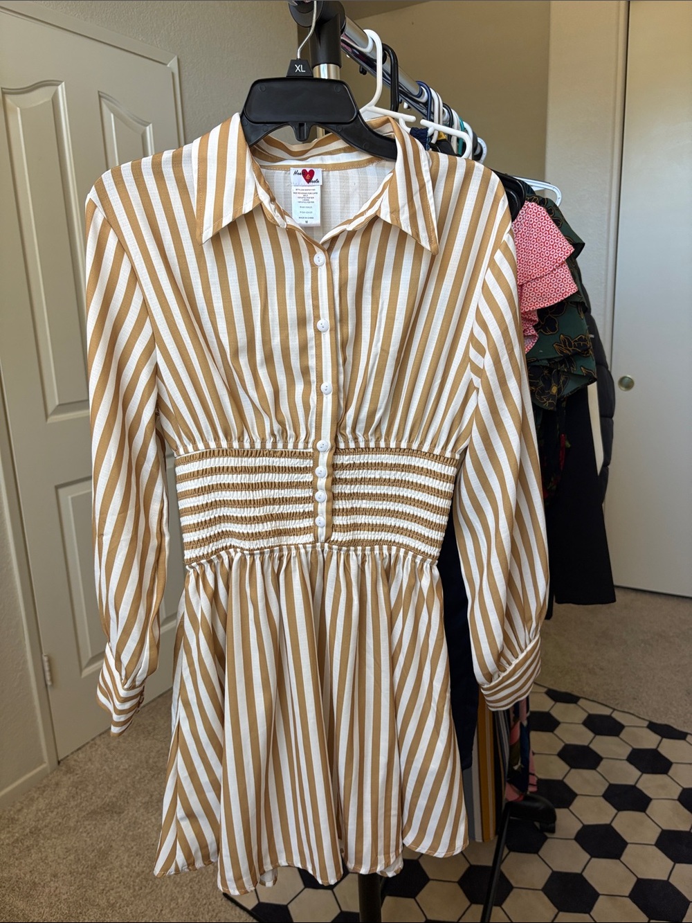 Striped Button-Front Waist-Detail Dress in Tan & White